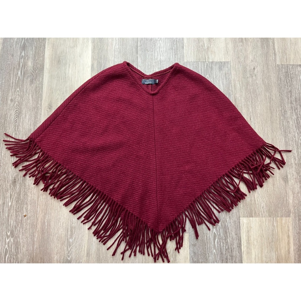 Vintage 70s Burberry Cashmere Wool Tassled Poncho Cape Maroon